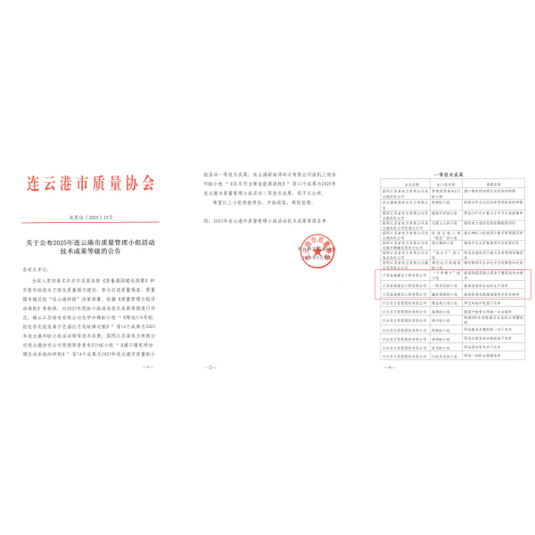 江苏海建公司三项QC成果荣获2025年连云港市质量管理小组活动技术成果一等奖